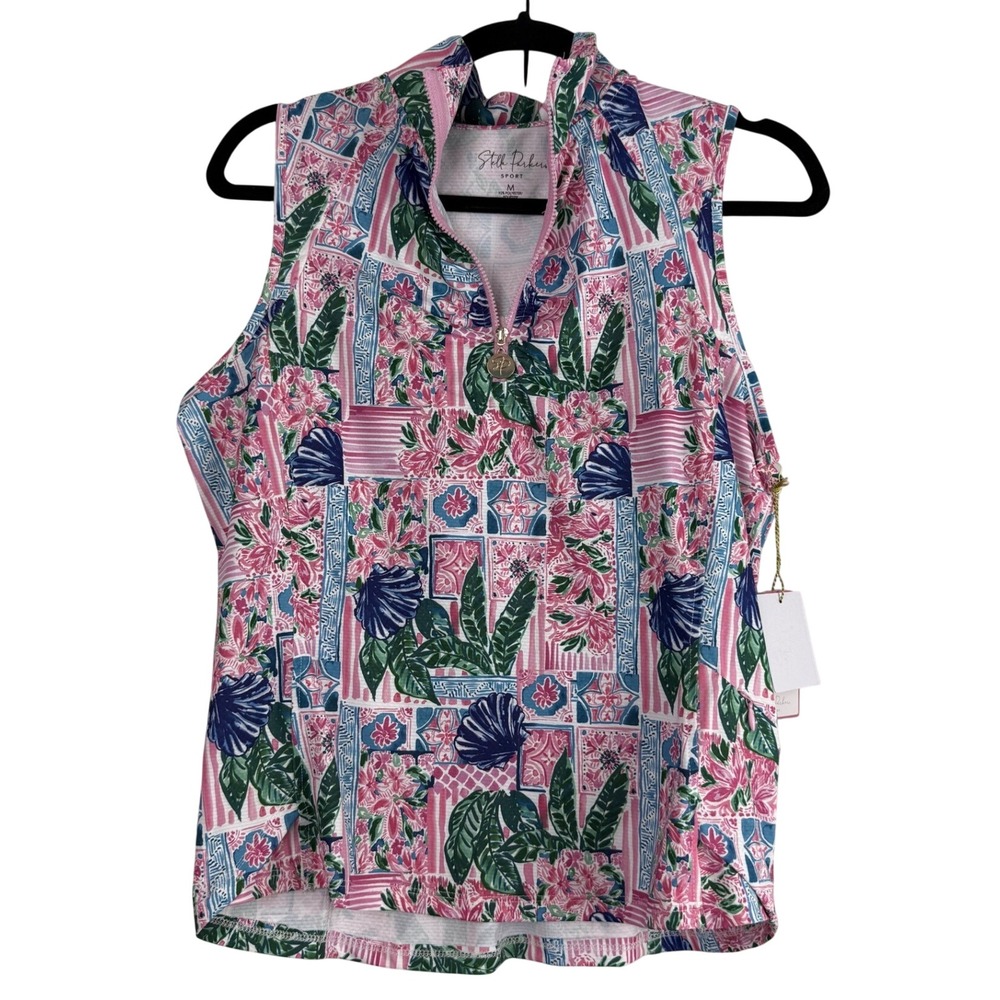 Stella Parker Sport Capri Floral‎ Golf Polo Sleeveless Quarter Zip UPF 50 Med